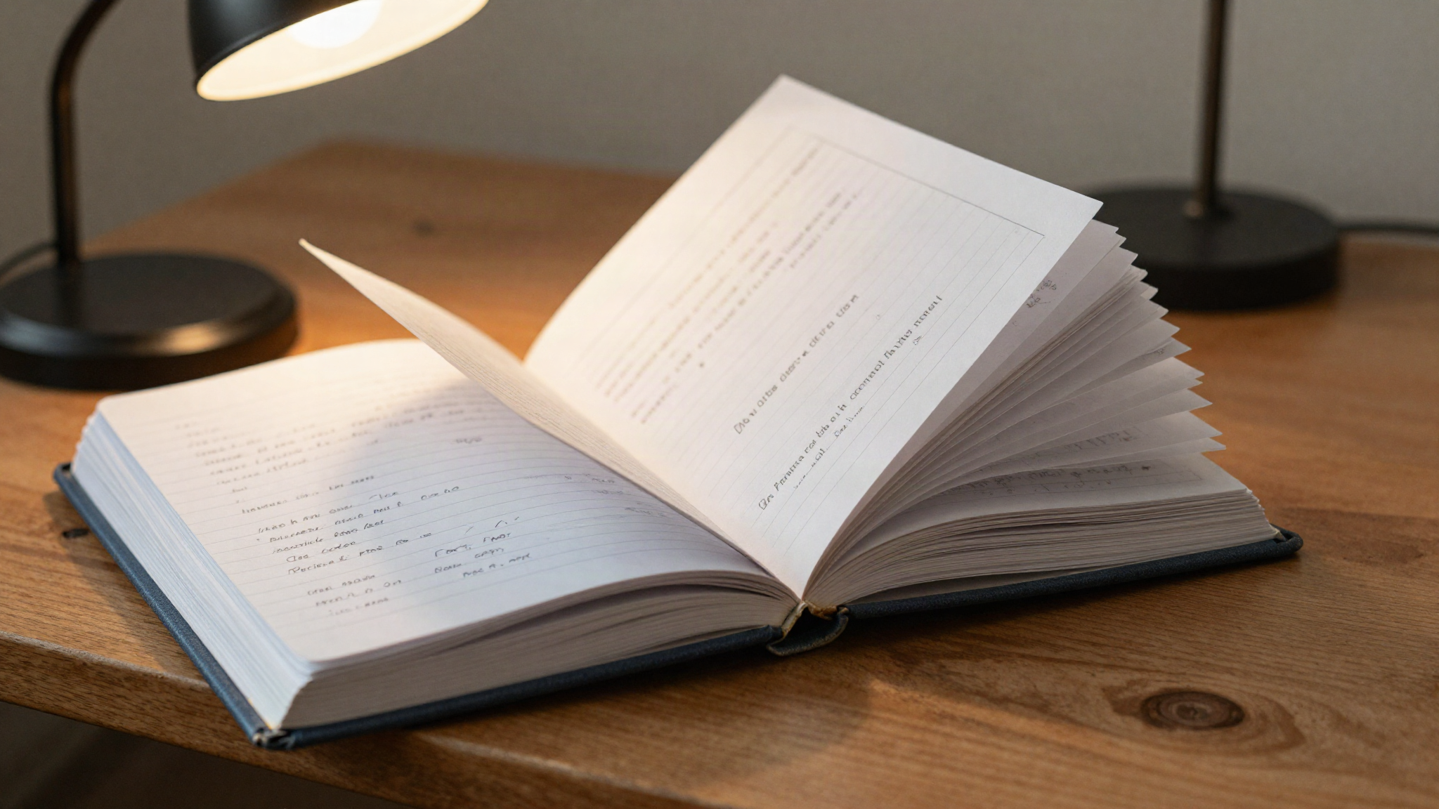Stack of worn lab notebooks fanned open on a wooden workbench under a desk lamp