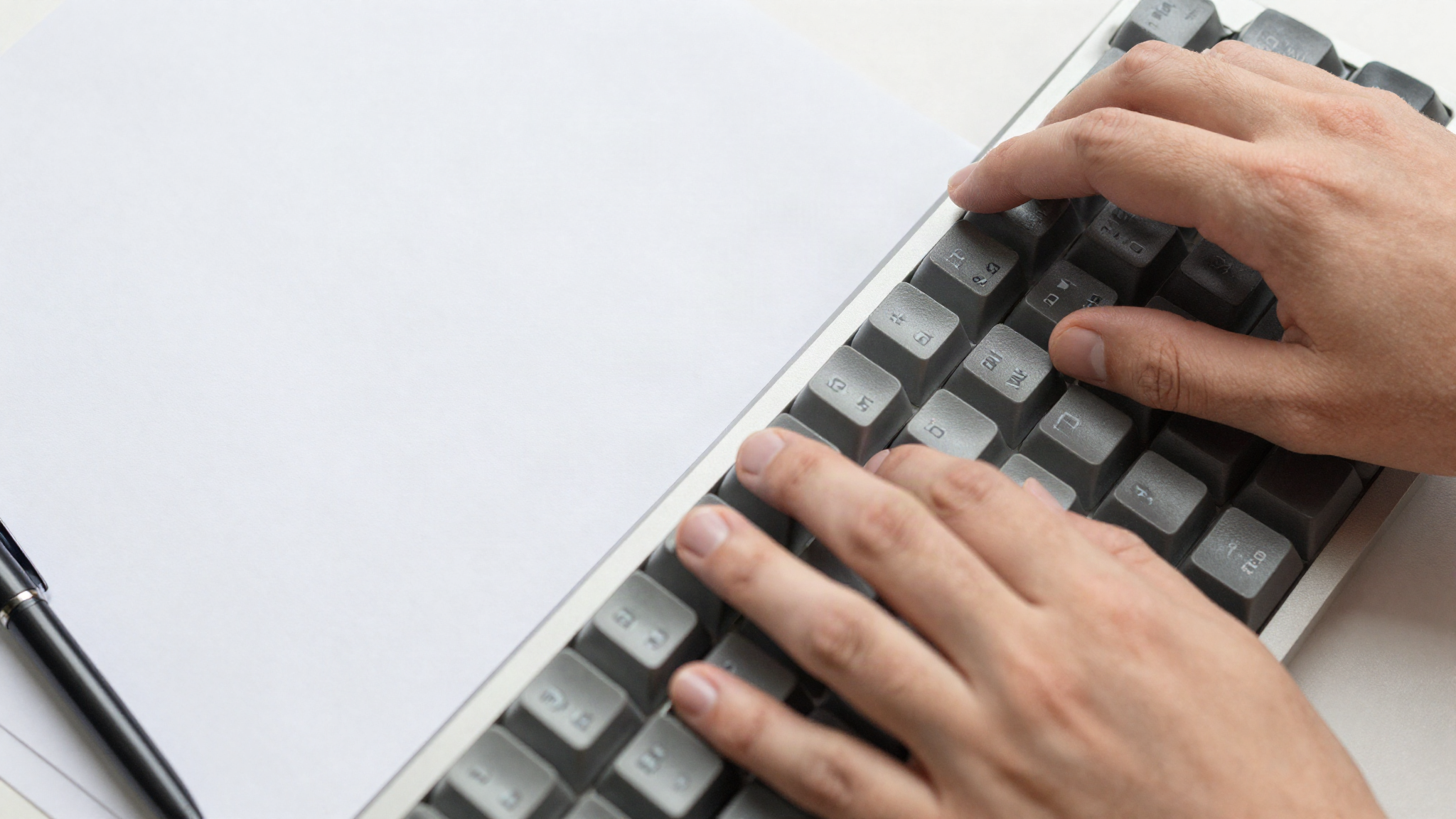 Overhead view of hands at a mechanical keyboard beside a marked-up printed page and a pen