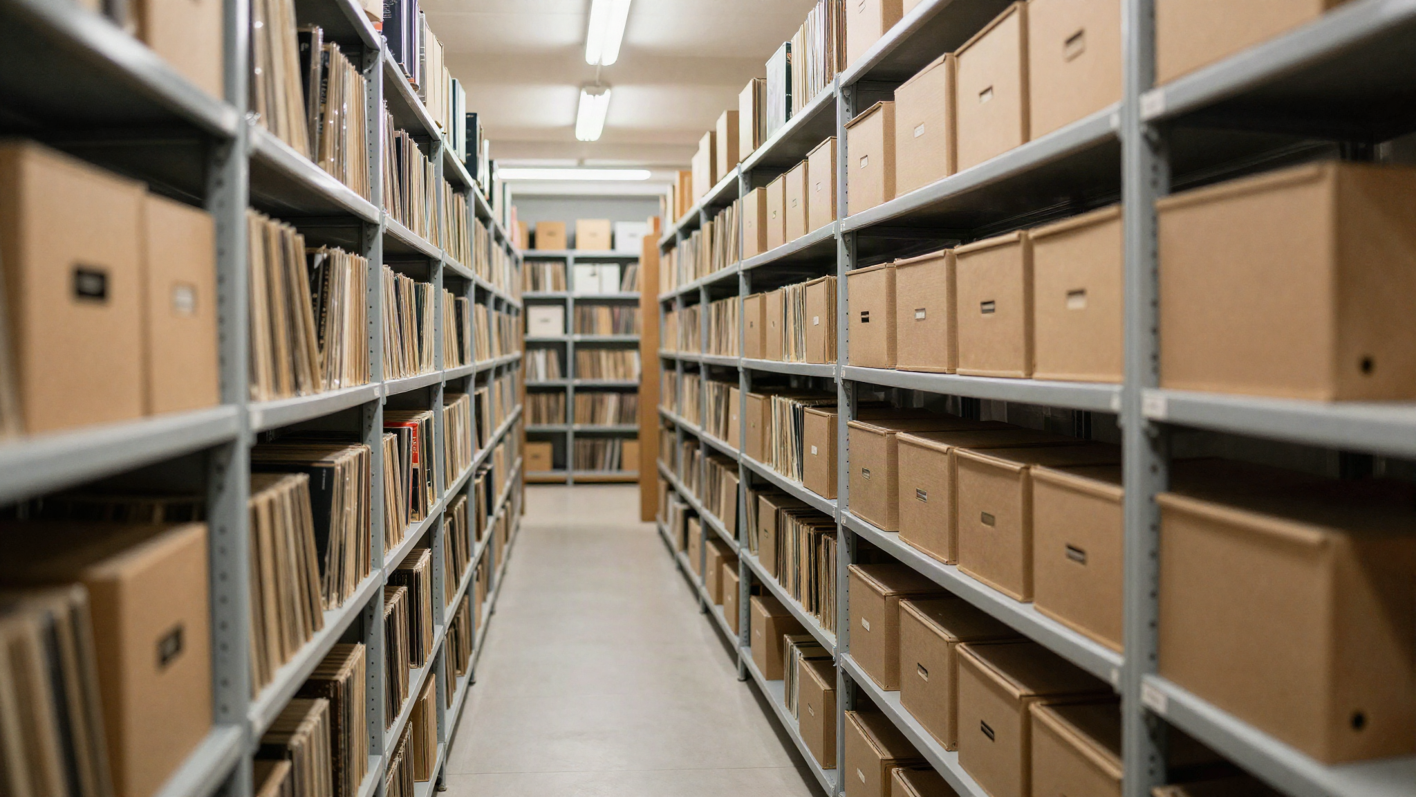 Records archive corridor with rows of shelving stacked with archival boxes