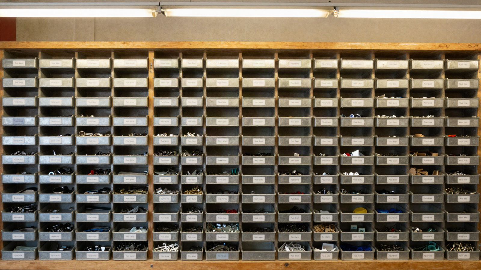 Organised workshop stockroom wall of labelled parts drawers and component bins