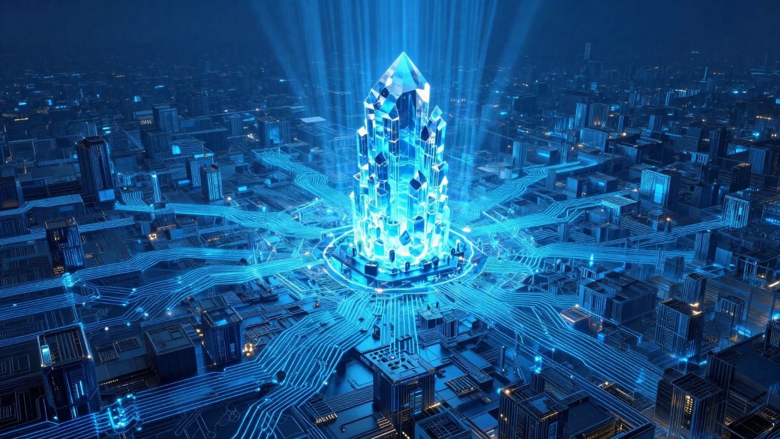 Uniform blue circuit grid with one distinct monolith standing apart