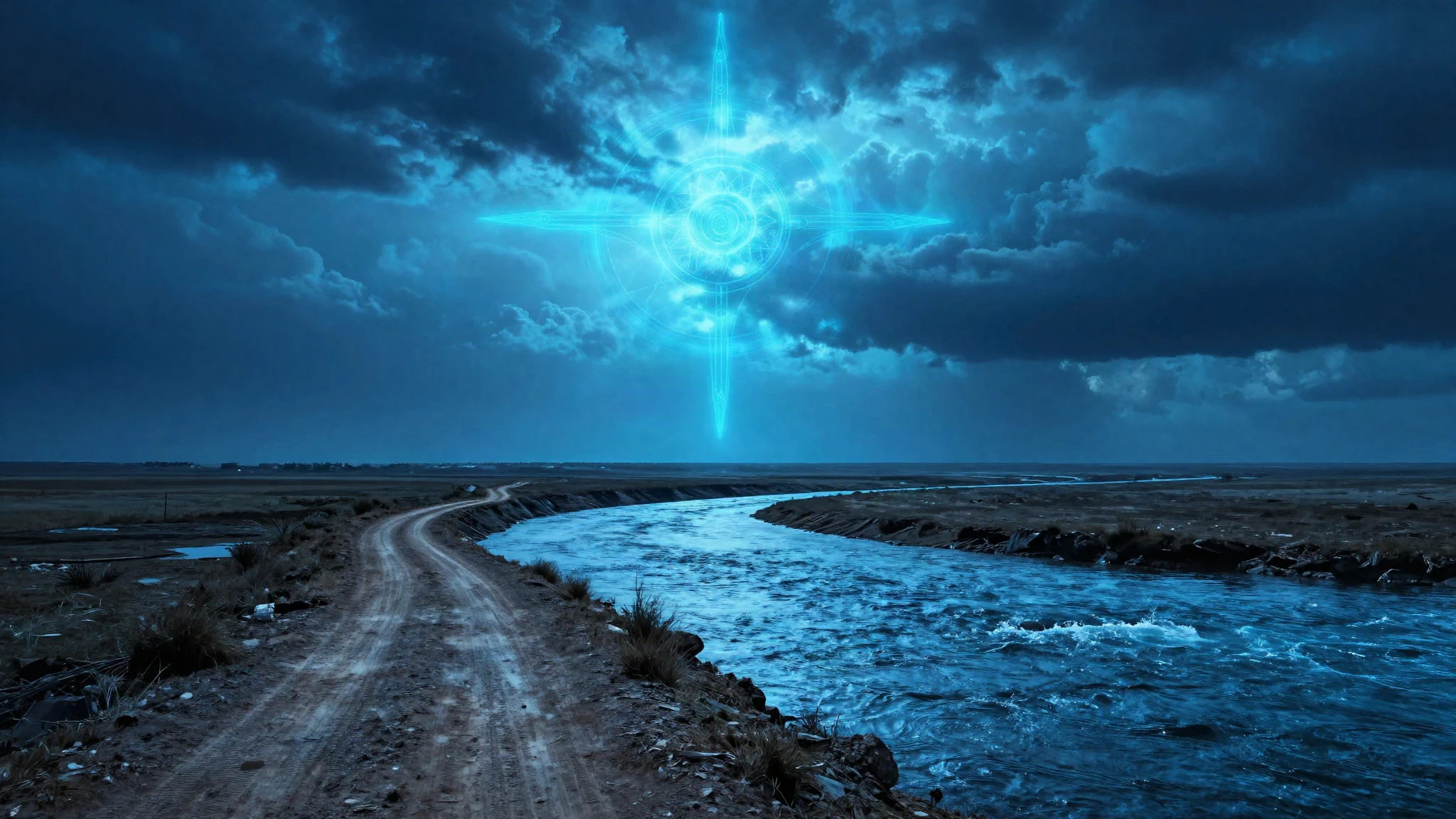 A long track ending abruptly at a wide river crossing with no bridge