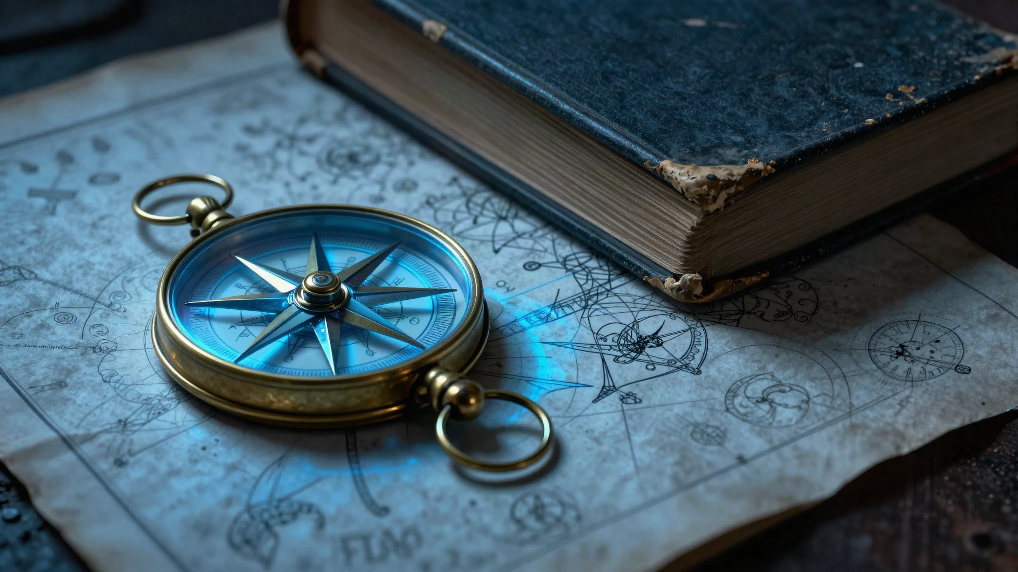 A compass rose and a single closed book resting on a folded chart