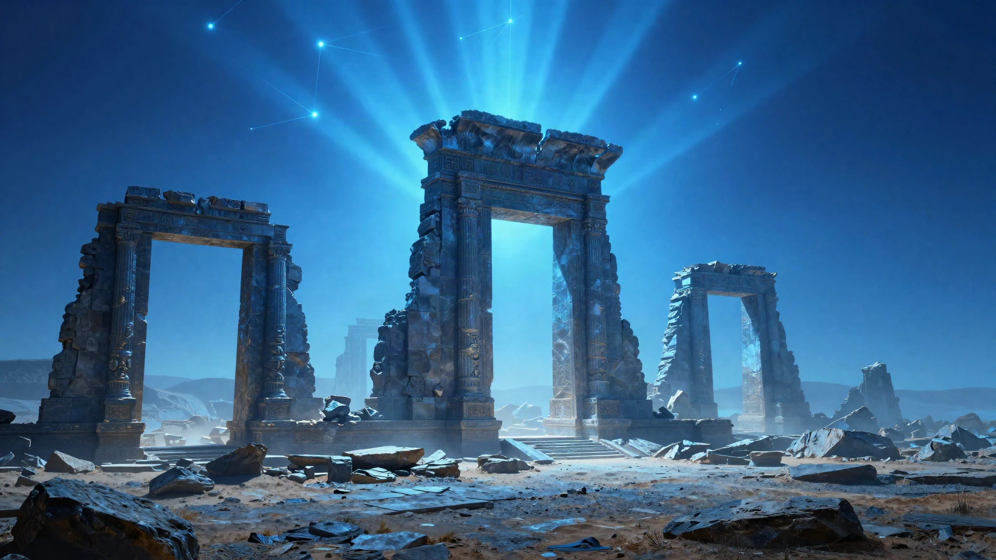 Colossal stone ruins of an ancient empire fractured into separate standing fragments
