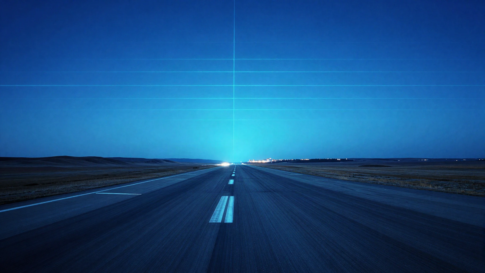 An empty runway at blue hour with a lit path leading back toward distant city lights