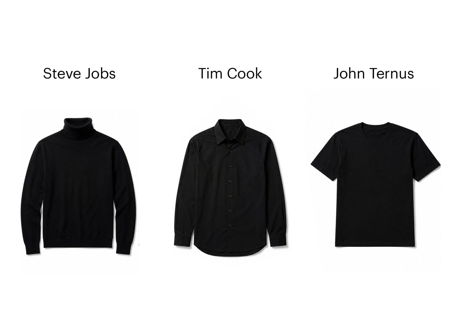 Black turtleneck, black button-down and black t-shirt representing Steve Jobs, Tim Cook and John Ternus