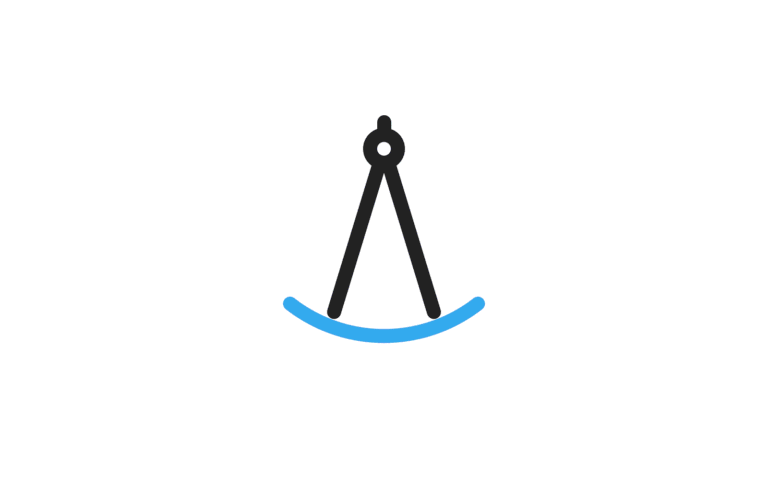 Minimal line icon of a drafting compass drawing a blue arc, on a white background