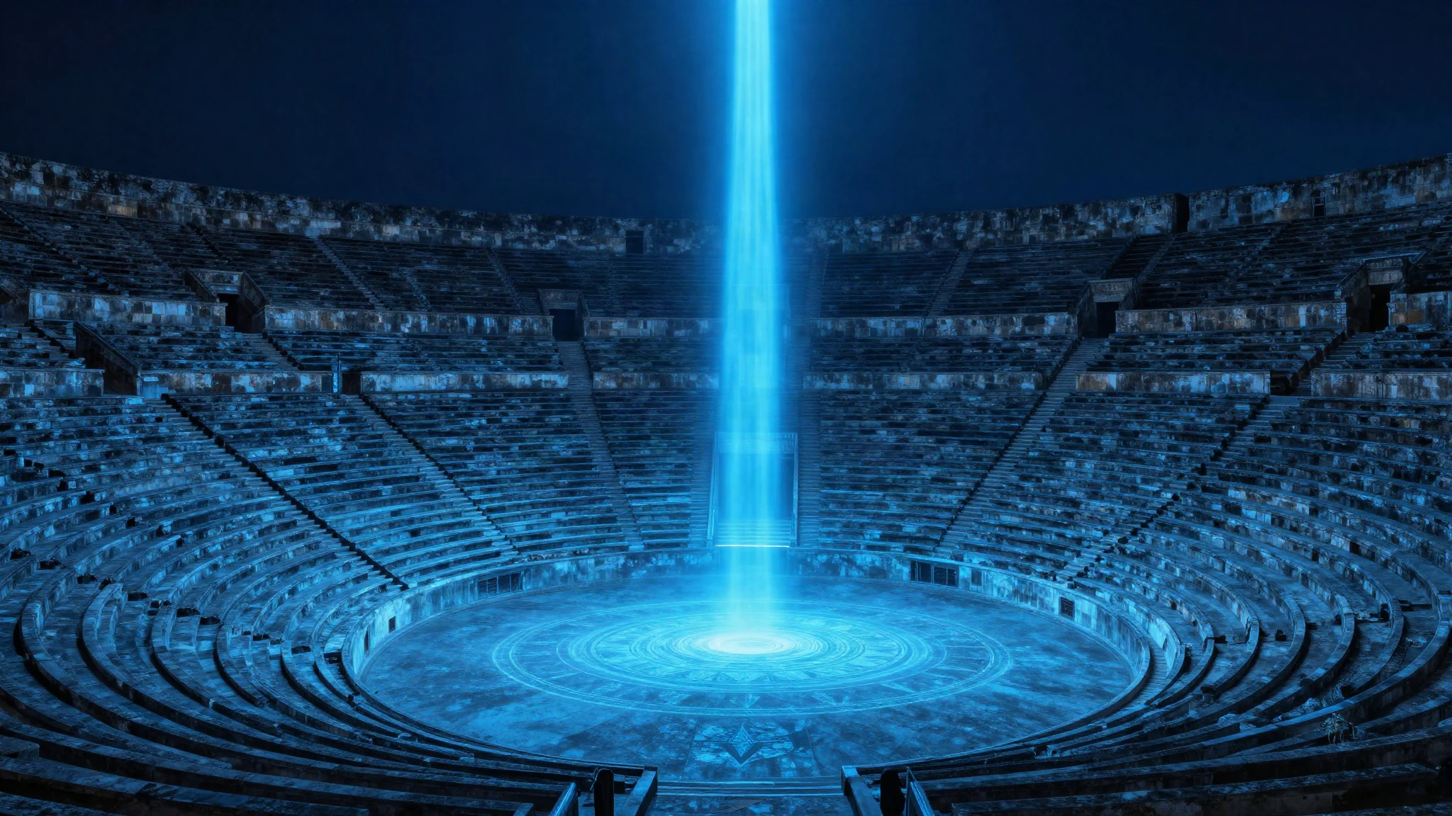 An enormous empty stone amphitheatre at night with light on the arena floor