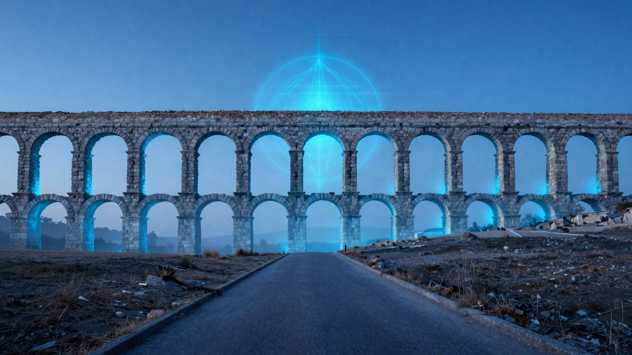 An ancient stone aqueduct and road stretching to the horizon
