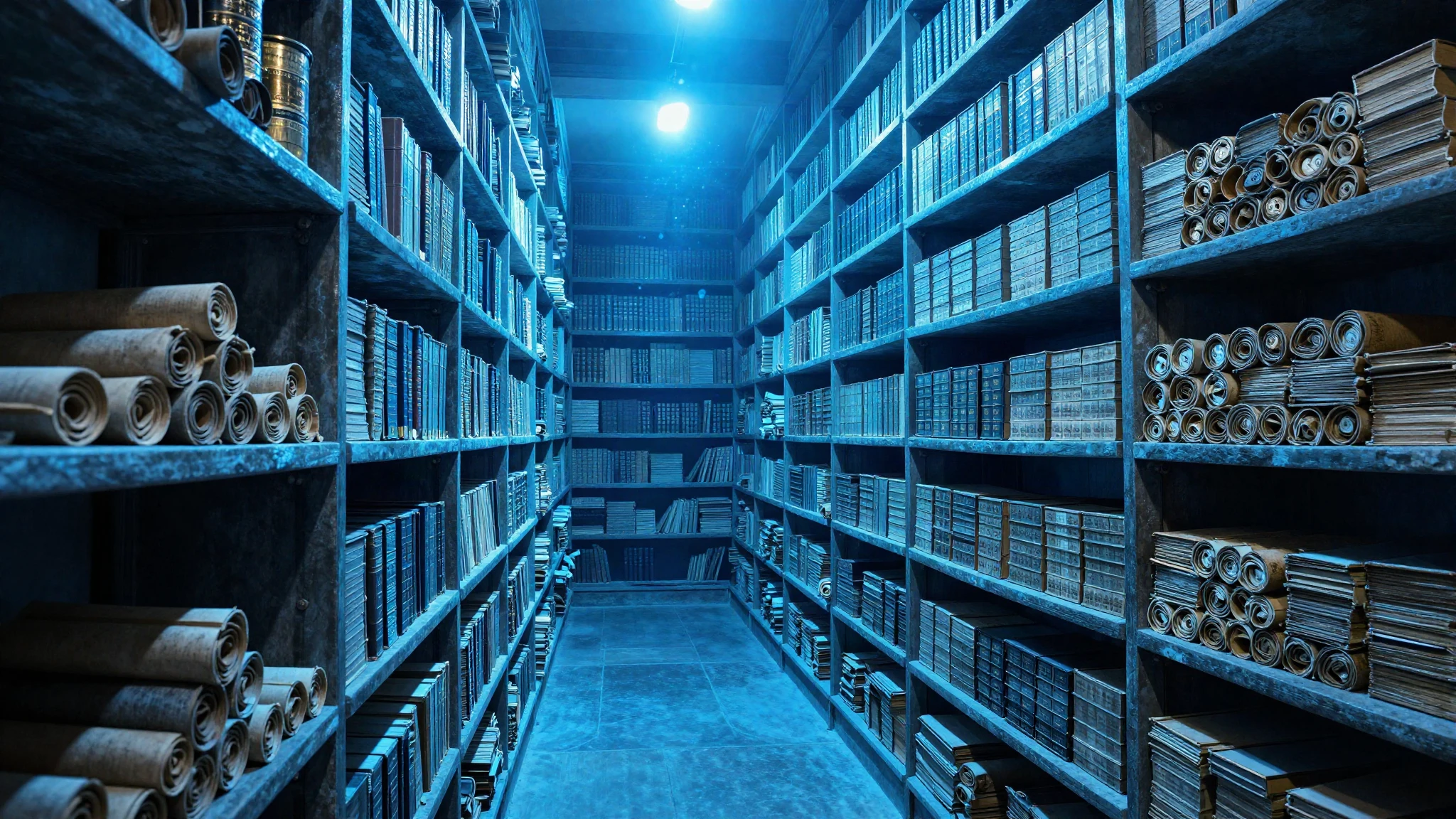 An immense ancient archive of stone shelves and rolled records