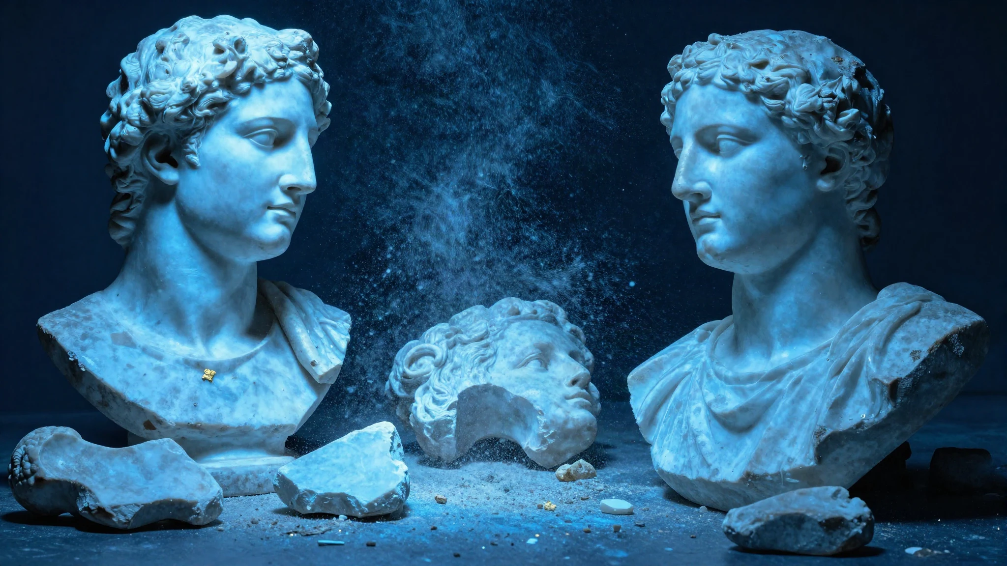Broken marble statue fragments scattered on a dark floor