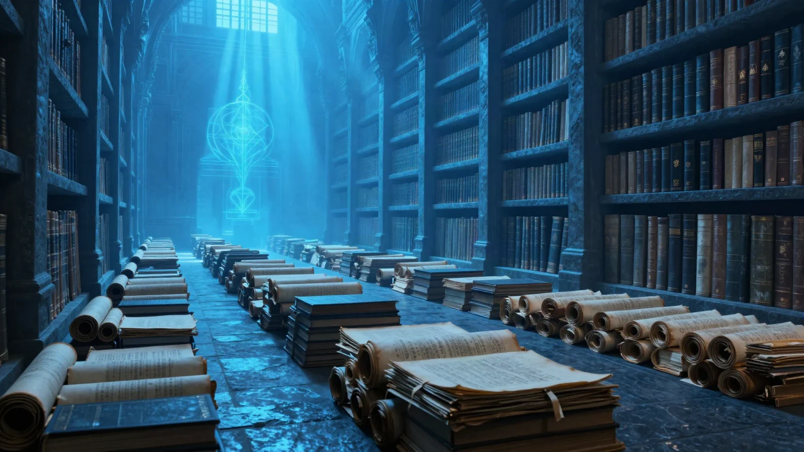 Vast stone archive hall of scrolls and ledgers lit in electric blue