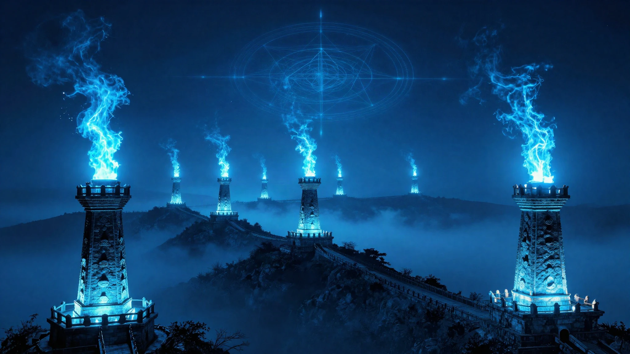 Chain of stone signal towers burning blue along ridgelines to the horizon