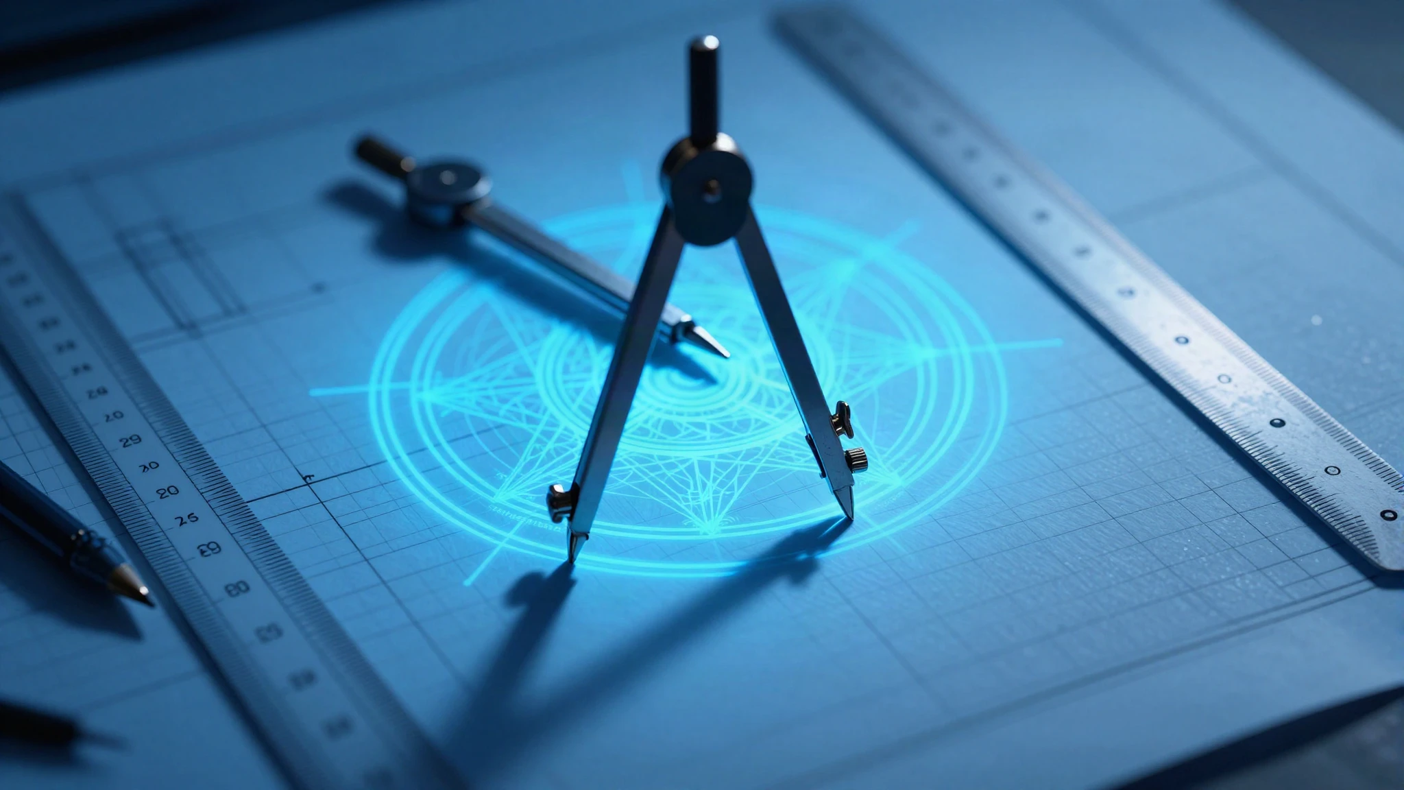 Drafting table with compass and rule over gridded blueprint paper in blue light