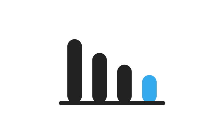 Minimal line icon of four bars descending from left to right, the shortest bar in blue, on a white background