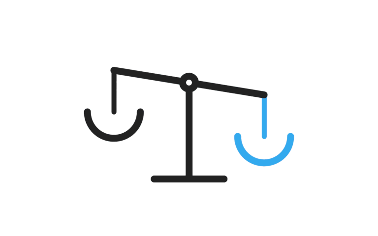 Minimal line icon of a tilted balance scale with the blue pan weighed down, on a white background