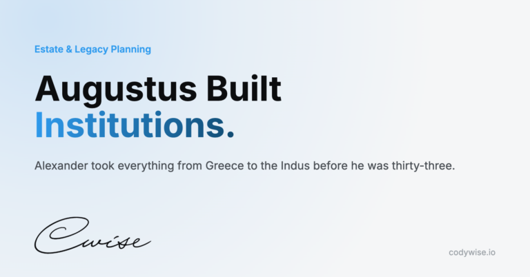 Card reading Augustus Built Institutions. Alexander took everything from Greece to the Indus before he was thirty-three.