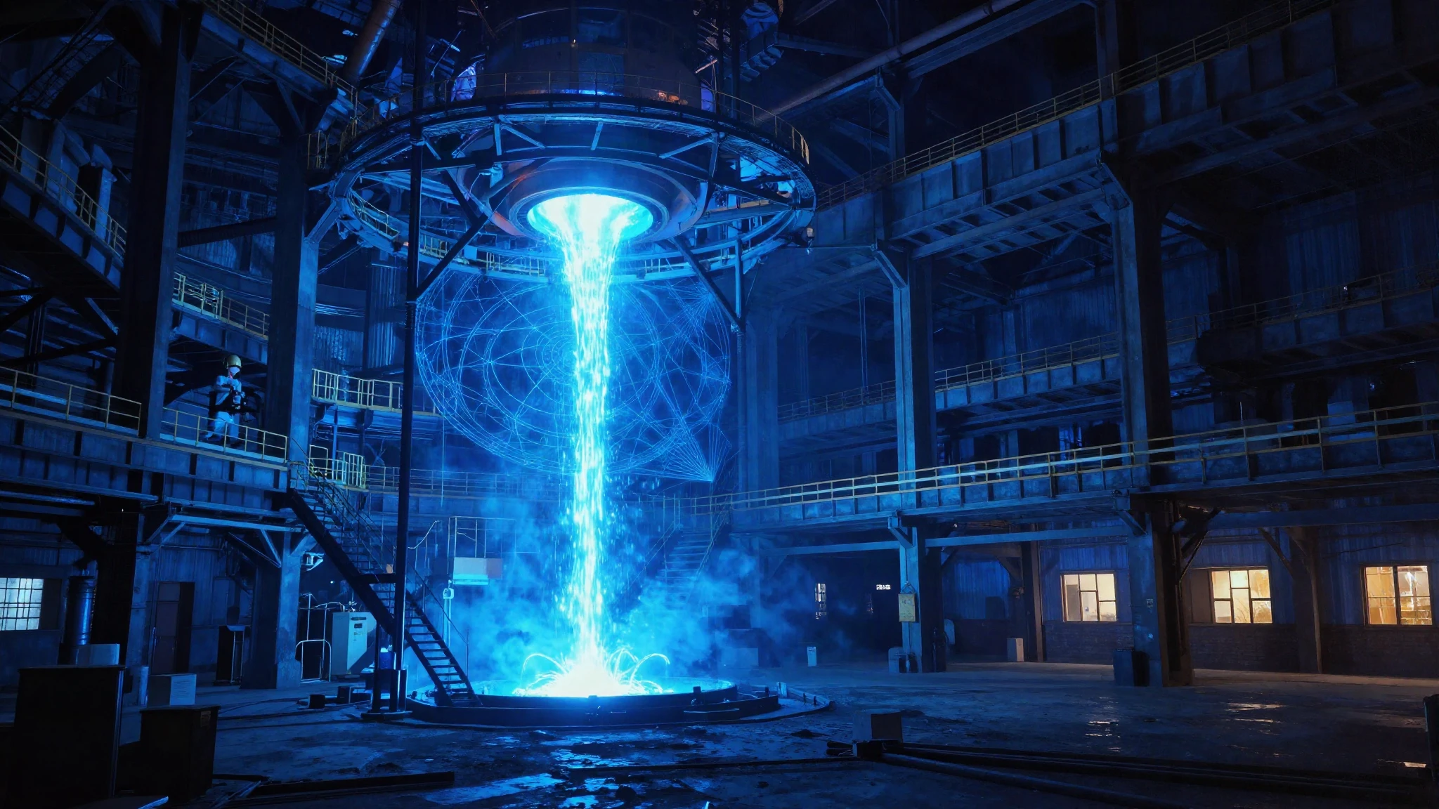 A steel mill hall lit in electric blue