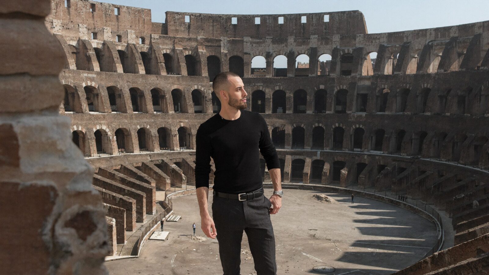 Cody Wise standing in the empty Colosseum in Rome, the city where Epictetus was once owned and later taught about freedom