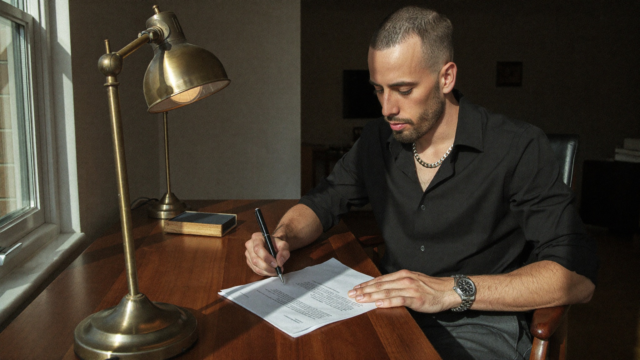Cody Wise signing contracts at a desk in afternoon light