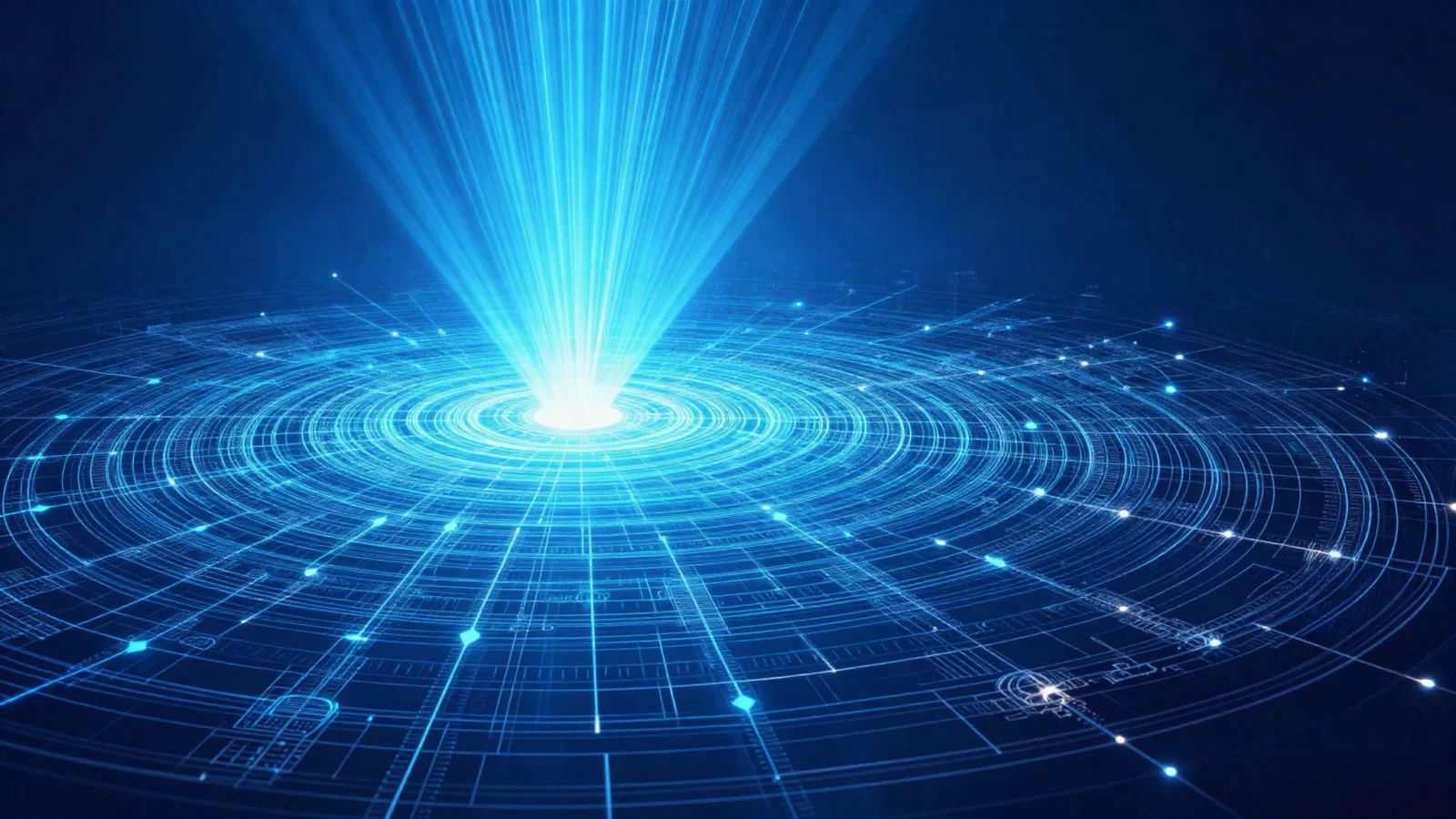 Tangled blue blueprint lines resolving into a single clean funnel of light
