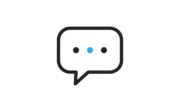 Minimal line icon of a speech bubble containing three dots, the middle dot in blue, on a white background