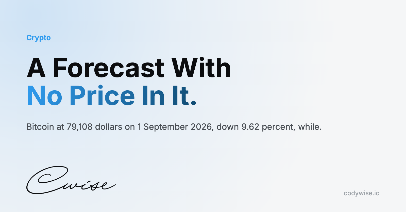 Card reading A Forecast With No Price In It. Bitcoin at 79,108 dollars on 1 September 2026, down 9.62 percent, while.