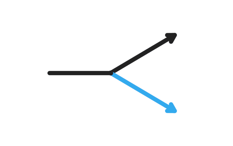 Minimal line icon of a single path forking into two arrows, one rising in black and one falling in blue, on a white background
