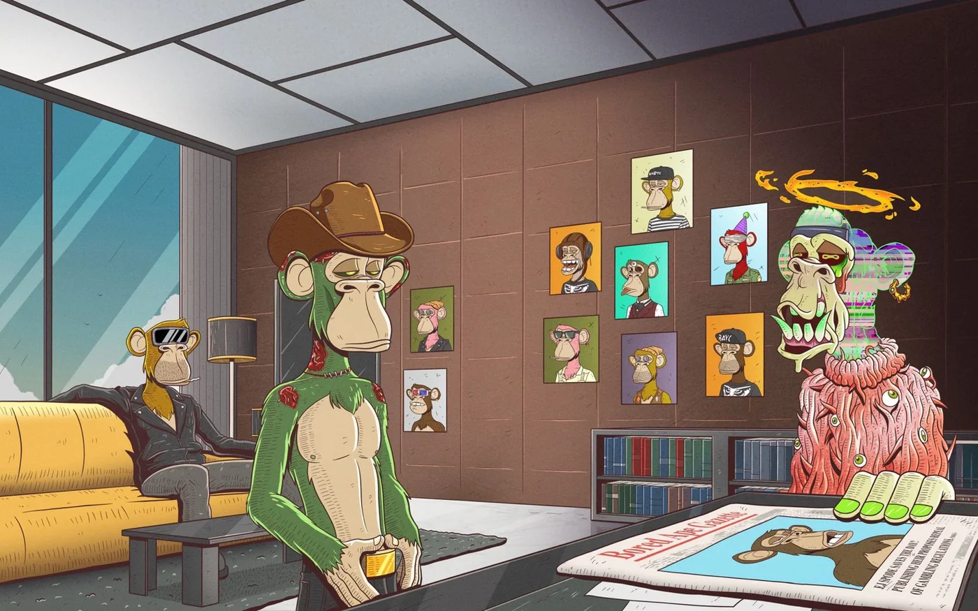 An illustration of three mutant and gold Bored Apes in a corporate boardroom with framed ape portraits on the wall