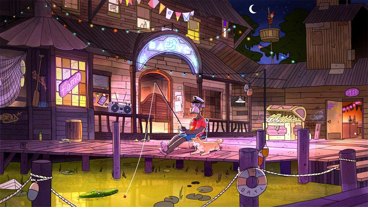 An illustration of a Bored Ape in a captain hat fishing from a wooden dock at night outside a bar with a neon BAYC sign