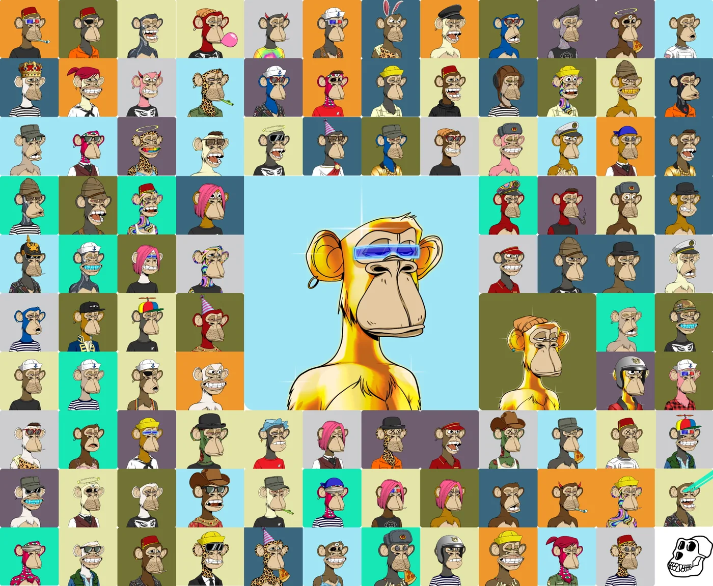 A large mosaic of Bored Ape Yacht Club apes surrounding a single gold fur ape wearing blue laser eye goggles
