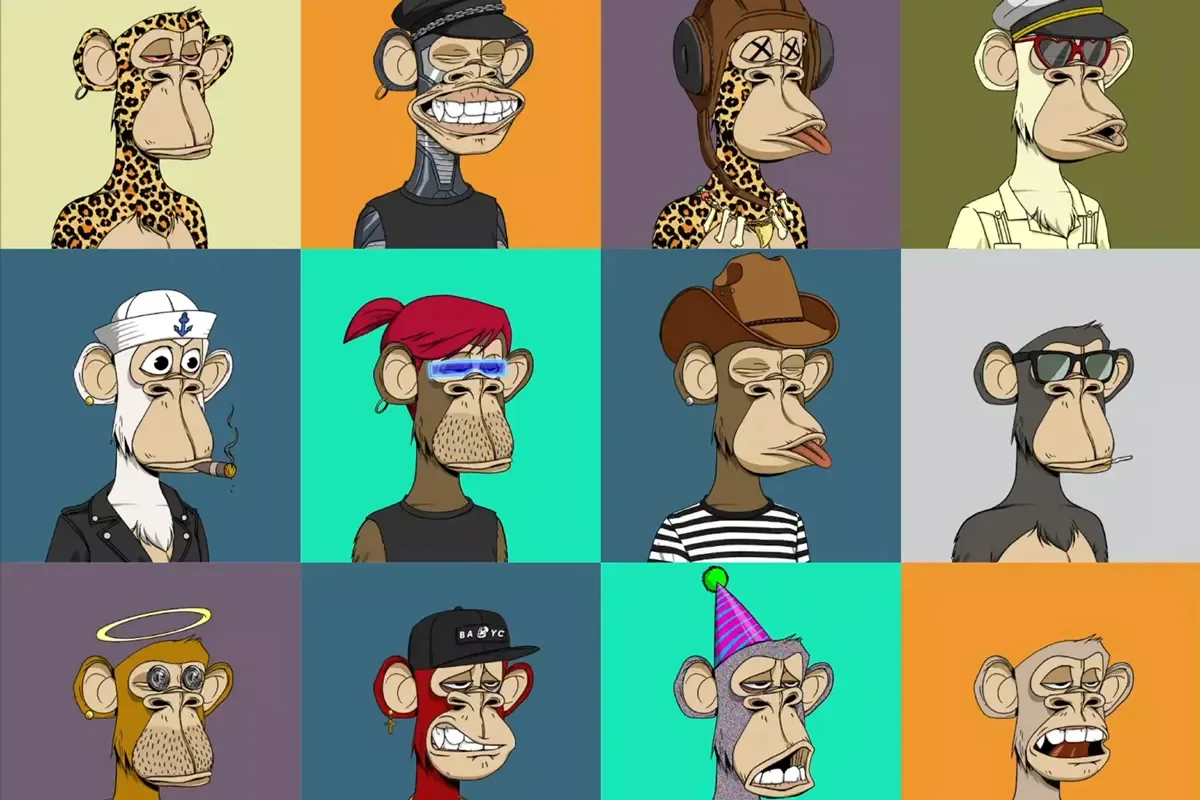 A three by four grid of twelve Bored Ape Yacht Club apes on coloured backgrounds