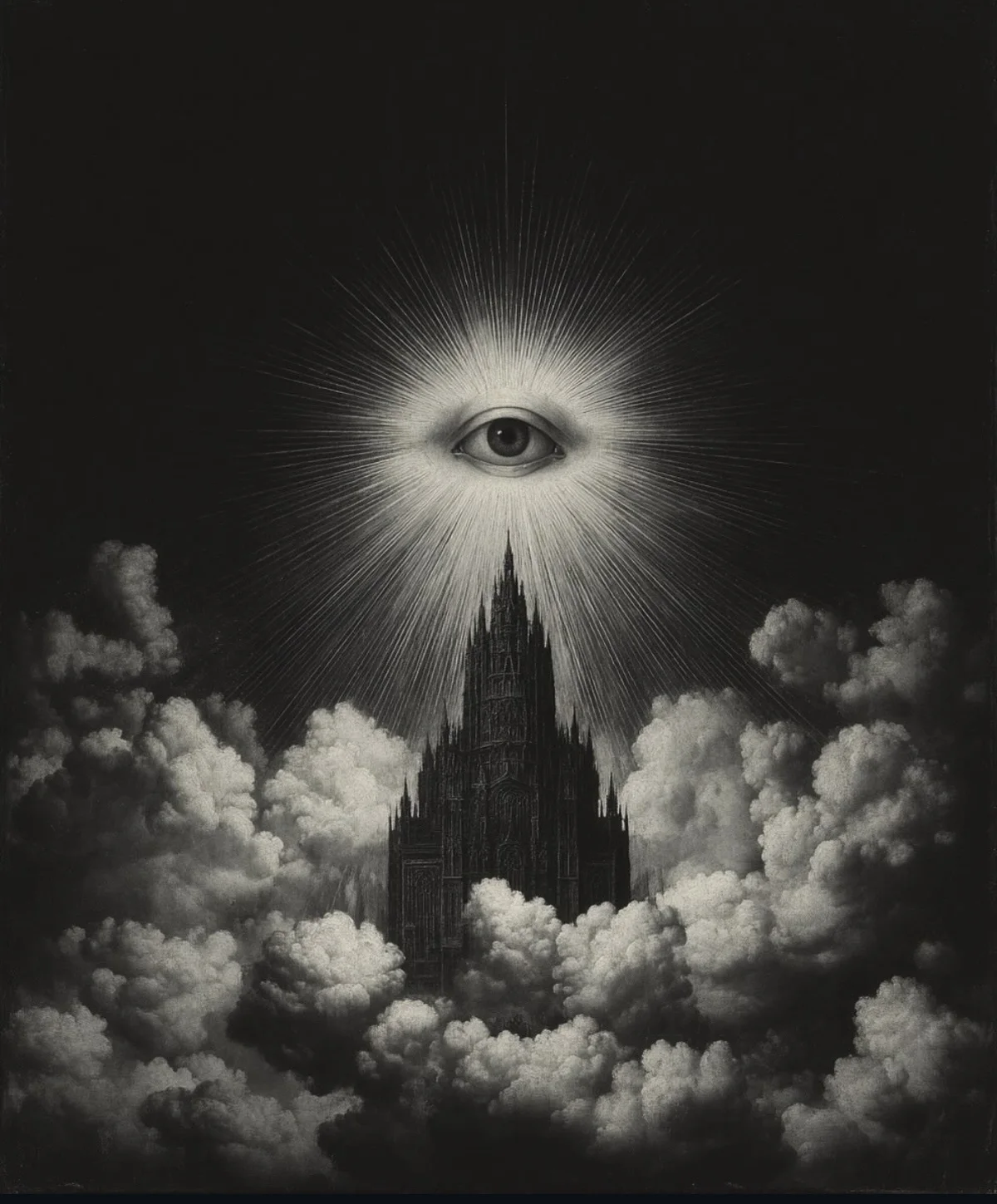 A radiant eye in a dark sky above a gothic cathedral rising out of cloud, in black and white