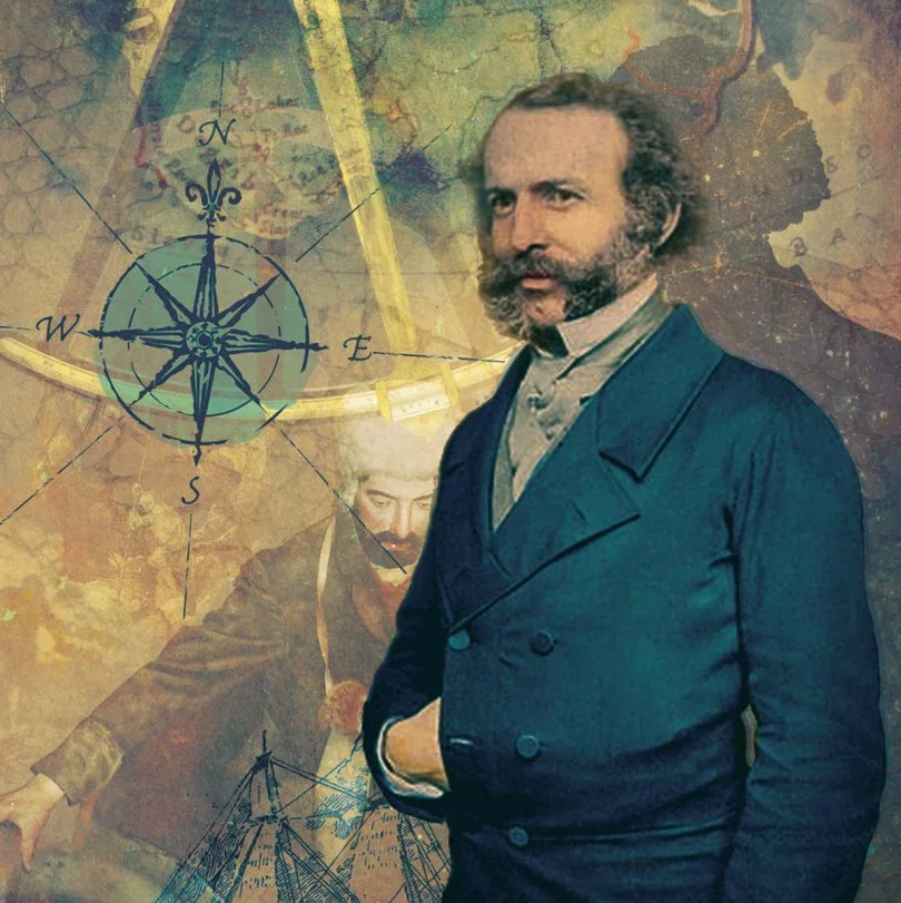 Composite portrait of Dr John Rae in a dark frock coat over a compass rose, a chart and a sailing ship
