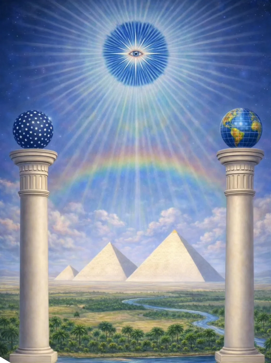 Two columns topped with a celestial globe and a terrestrial globe, a radiant eye above them and the pyramids of Giza behind