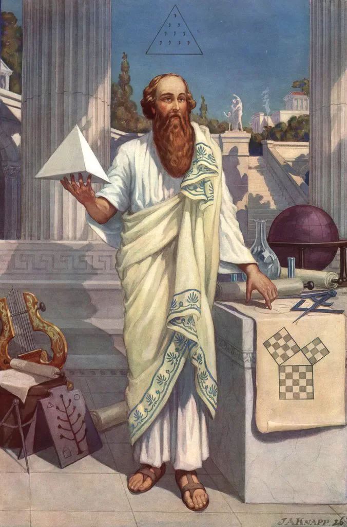 Painted plate of Pythagoras in a white robe holding a tetrahedron, a lyre and geometric diagrams beside him, signed J. A. Knapp 1926
