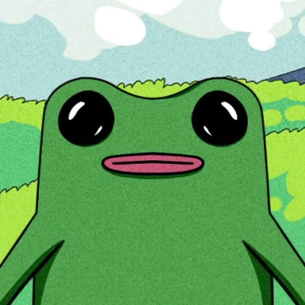 A close up of the Fwog character, a flat green frog with large black eyes and a pink mouth, in front of a green field and a blue sky