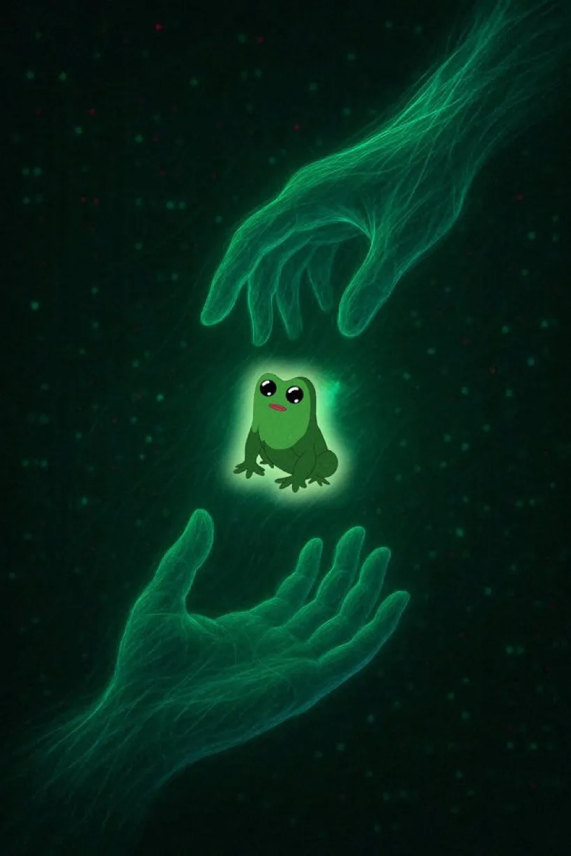 Two translucent green hands reaching toward each other with a small glowing green frog held between them on a dark background