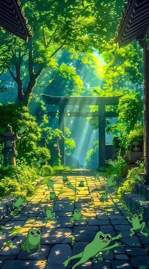 An illustration of a Japanese torii gate in a bright green forest with small green frogs scattered along a stone path