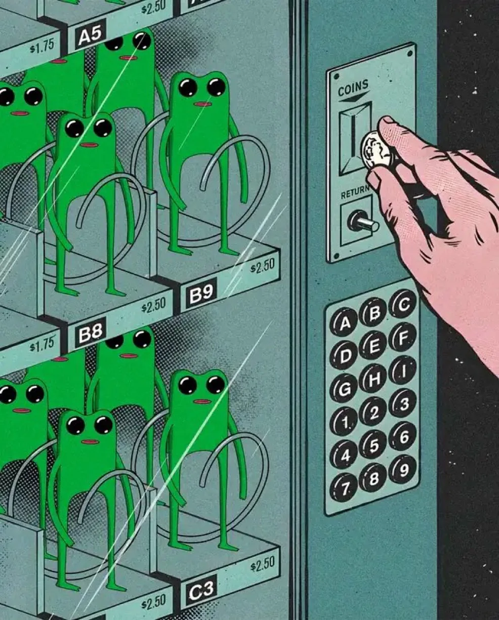 An illustration of a vending machine stocked with green frogs priced at $1.75 and $2.50, with a hand feeding a coin into the slot