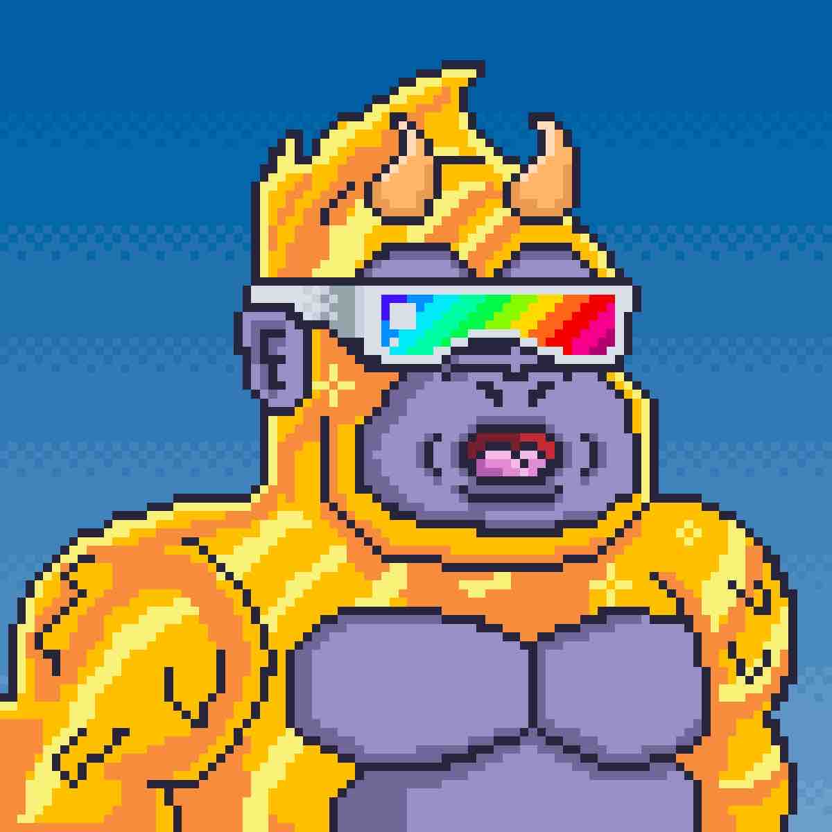 Gorillae Gang #1110, a pixel art gorilla with gold fur, rainbow visor sunglasses and a flame crest on a blue halftone background