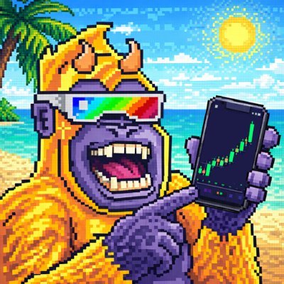 Pixel art gorilla on a beach holding a phone showing a green candle chart