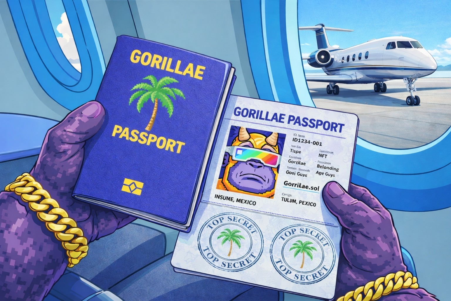 Pixel art gorilla hands holding a blue Gorillae passport and an illustrated identity card, with a private jet on the tarmac beyond the window