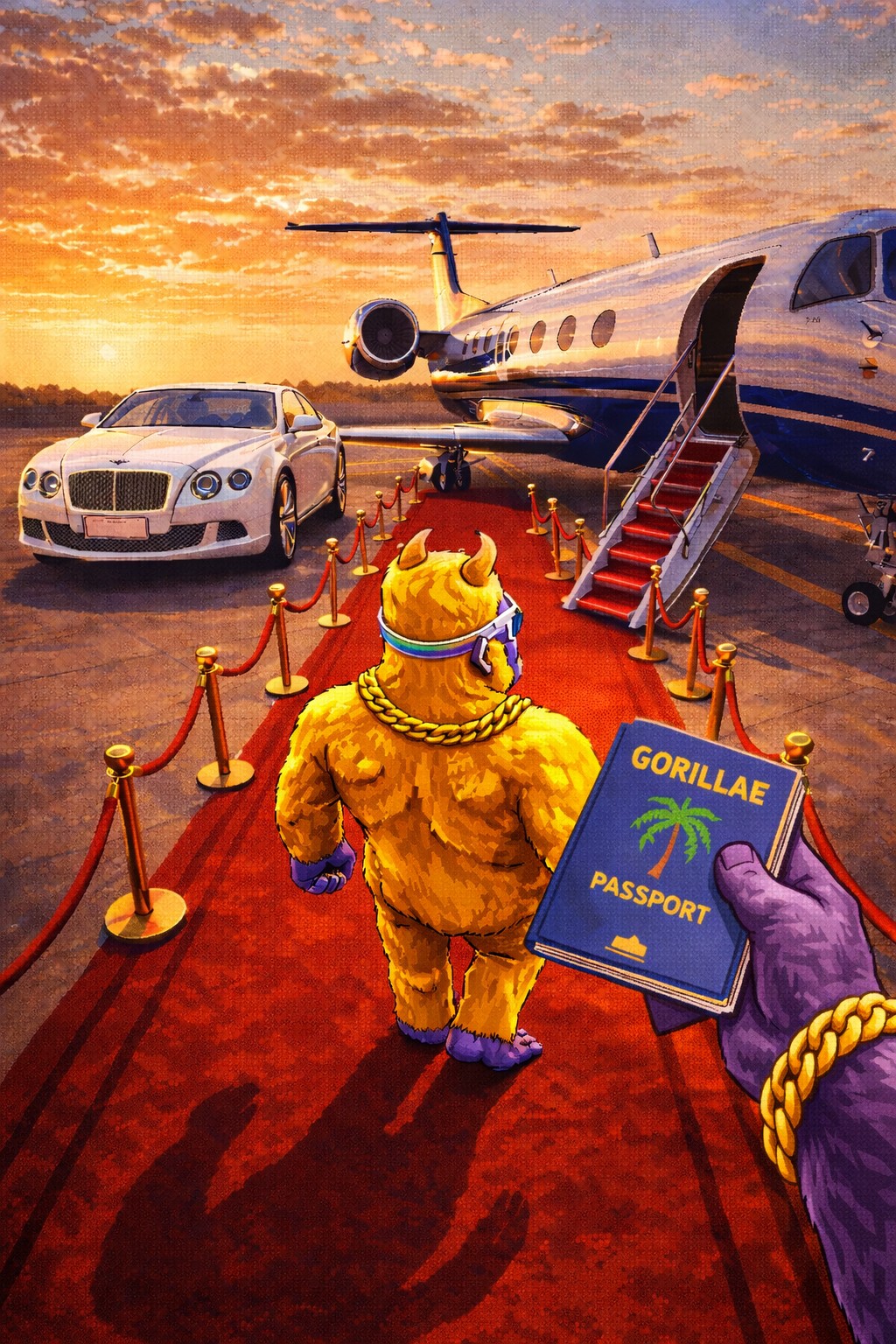 Pixel art gorilla walking a red carpet toward a private jet at sunset, holding a Gorillae passport, with a white car on the tarmac