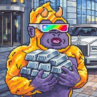 Pixel art gorilla with gold fur and a rainbow visor holding a stack of silver bars in front of a car