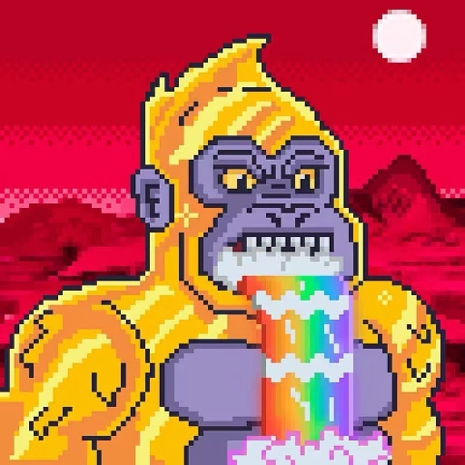 The GORILLAE token image, a pixel art gorilla with gold fur and purple skin against a red sky, with a rainbow pouring from its open mouth