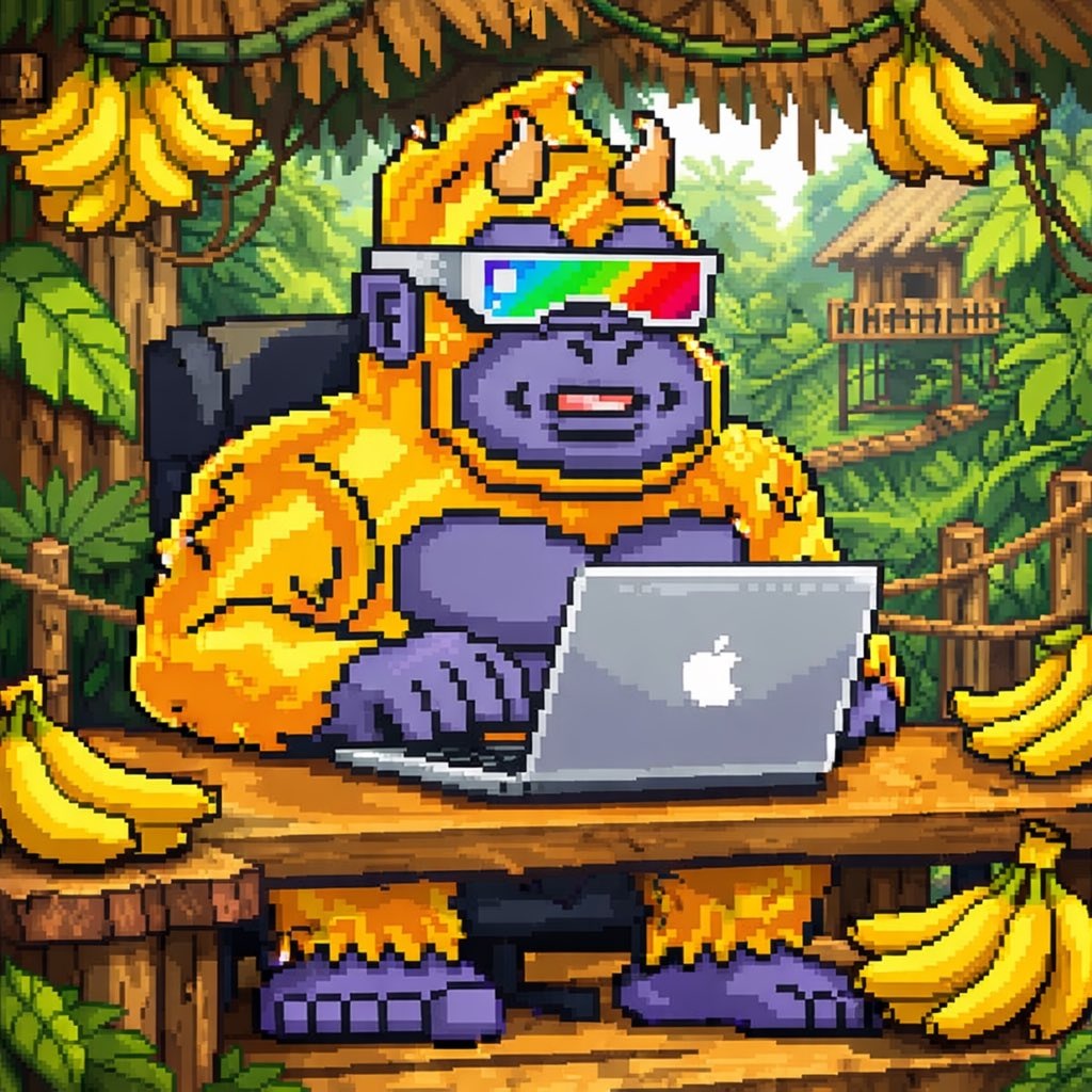 Pixel art gorilla with gold fur and a rainbow visor working on a laptop in a jungle treehouse surrounded by bananas