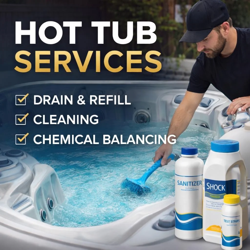 Wise Property Services hot tub services graphic listing drain and refill, cleaning, and chemical balancing