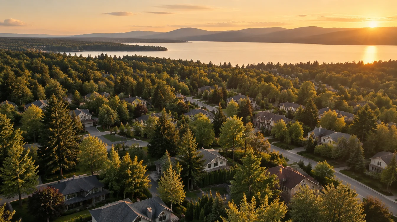An aerial over a mixed Canadian residential neighbourhood at golden hour