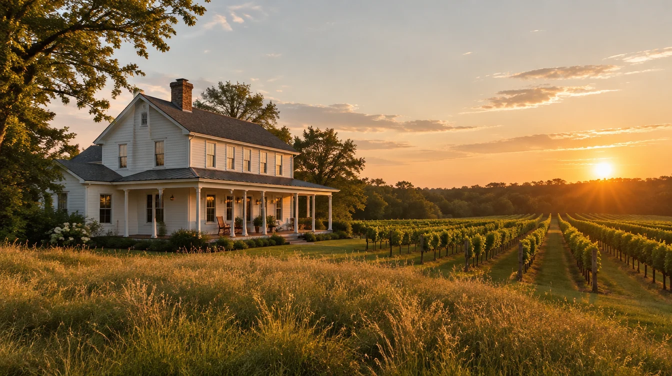 A restored clapboard farmhouse beside vineyard rows at golden hour